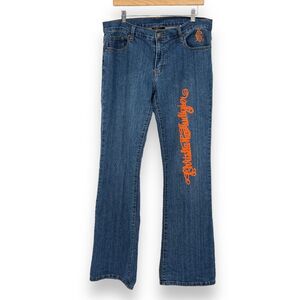 Christian Audigier Womens Denim Jean Size 13/14 Blue Embroiderd Mid-Rise Pockets